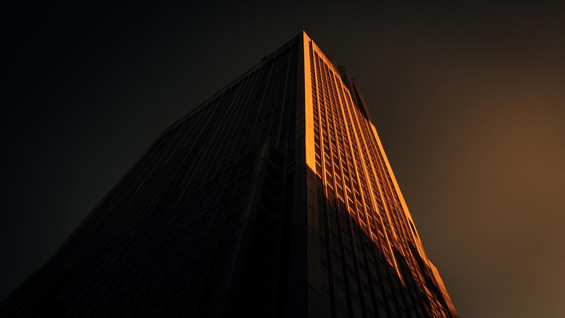 Modernist skyscraper at golden hour